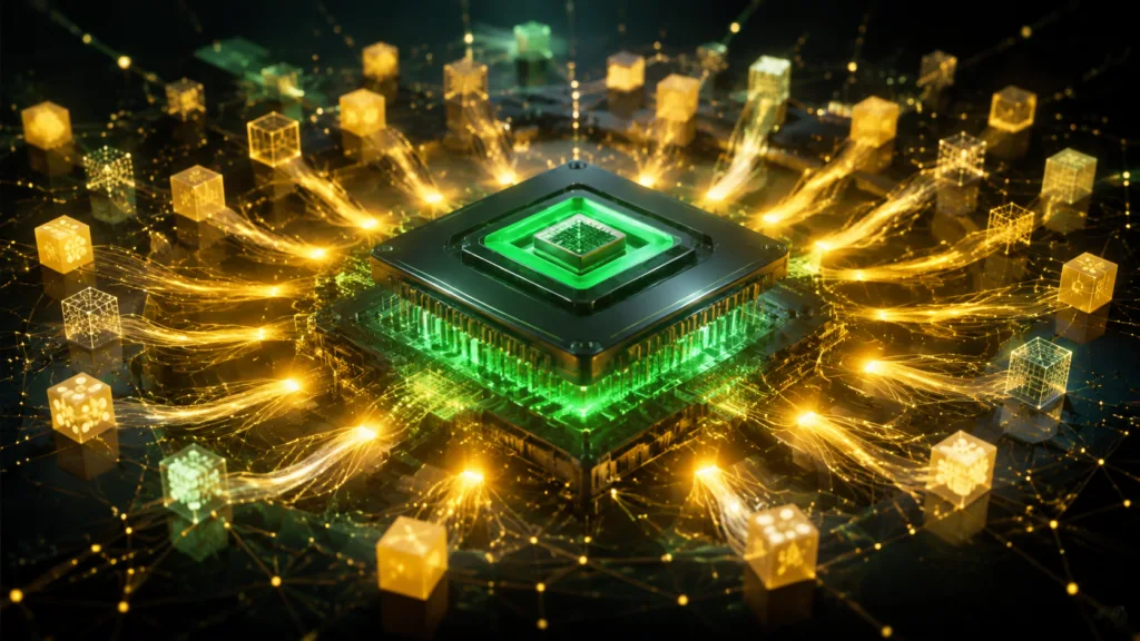 Chip de inteligência artificial conectado a uma rede aberta de modelos, representando a aquisição da Hugging Face pela Nvidia