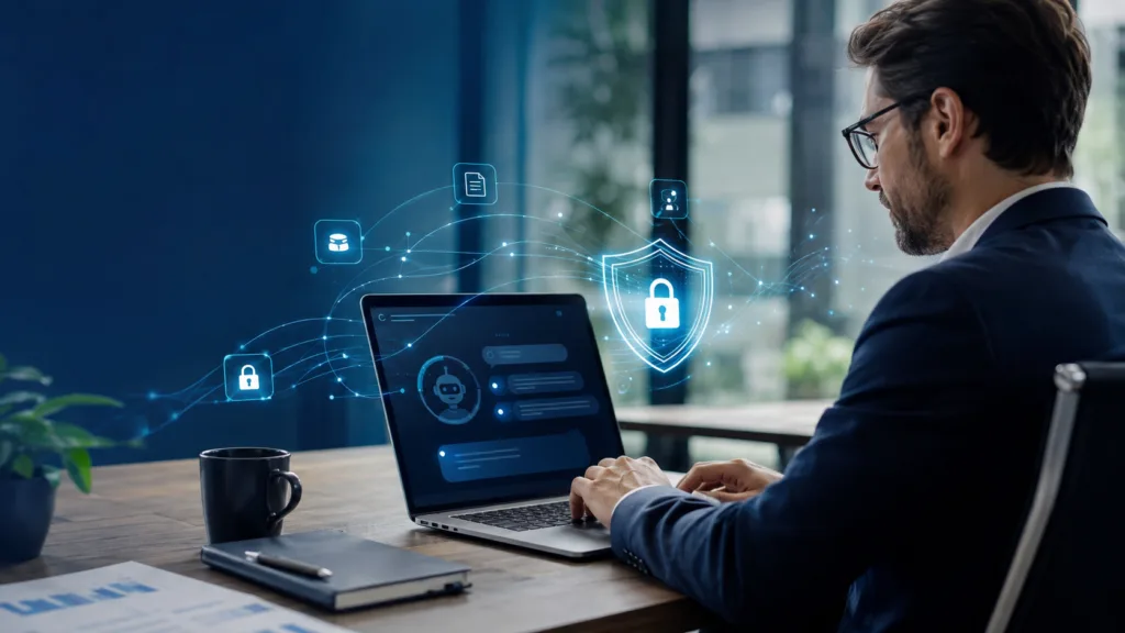 Profissional usando inteligência artificial com proteção de dados e segurança digital no trabalho