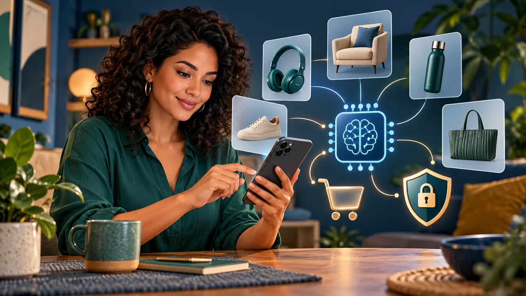 Compras com IA: mulher usando um celular entre produtos digitais e um escudo de segurança.